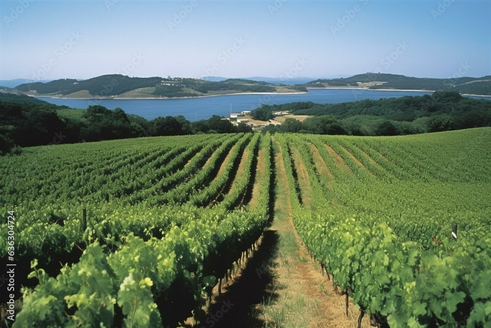 Vast vineyards in Spain's Rias Baixas, which yield premium Albariño white wines. Generative AI