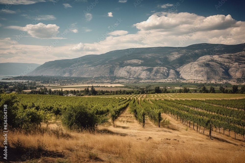 Vineyard and wine grapes in the Okanagan valley with mountains and fields in lush desert BC Canada. Generative AI