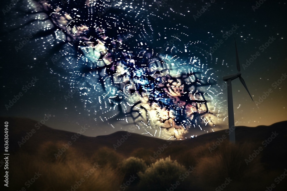 A poetic depiction of renewable energy and planet protection, featuring a starry sky, the Milky Way, and a wind turbine. Generative AI - obrazy, fototapety, plakaty 