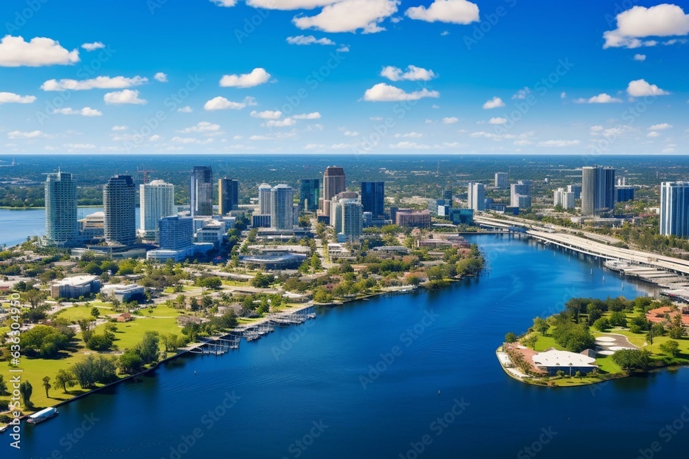 Aerial view of Tampa, FL, USA, showing the Hillsborough River flowing towards downtown. Generative AI
