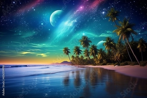 Beautiful tropical beach scene with a starry sky, palm trees, and ocean. Perfect for a summer vacation. Generative AI