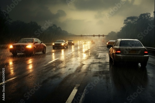 Cars on rain-soaked highway. Generative AI