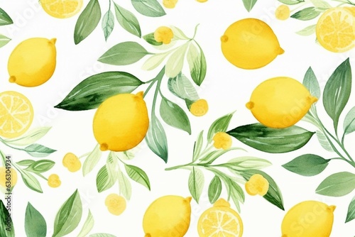 Lively lemon pattern with watercolor elements in yellow and green on transparent background. Generative AI