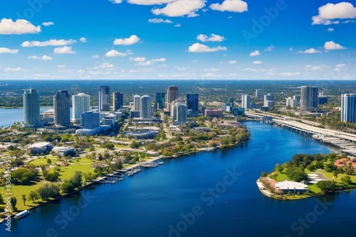 Aerial view of Tampa  FL  USA  showing the Hillsborough River flowing towards downtown. Generative AI
