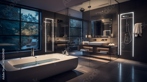 Witness the fusion of technology and design in this awe-inspiring image of a modern bathroom architecture. Smart mirrors with integrated lighting and touch controls adorn the walls, while a digitally © CanvasPixelDreams