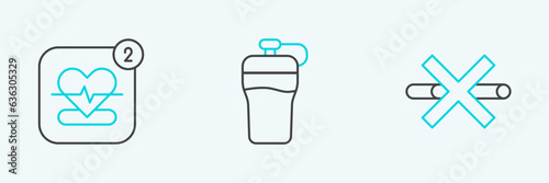 Set line No Smoking, Mobile with heart rate and Fitness shaker icon. Vector