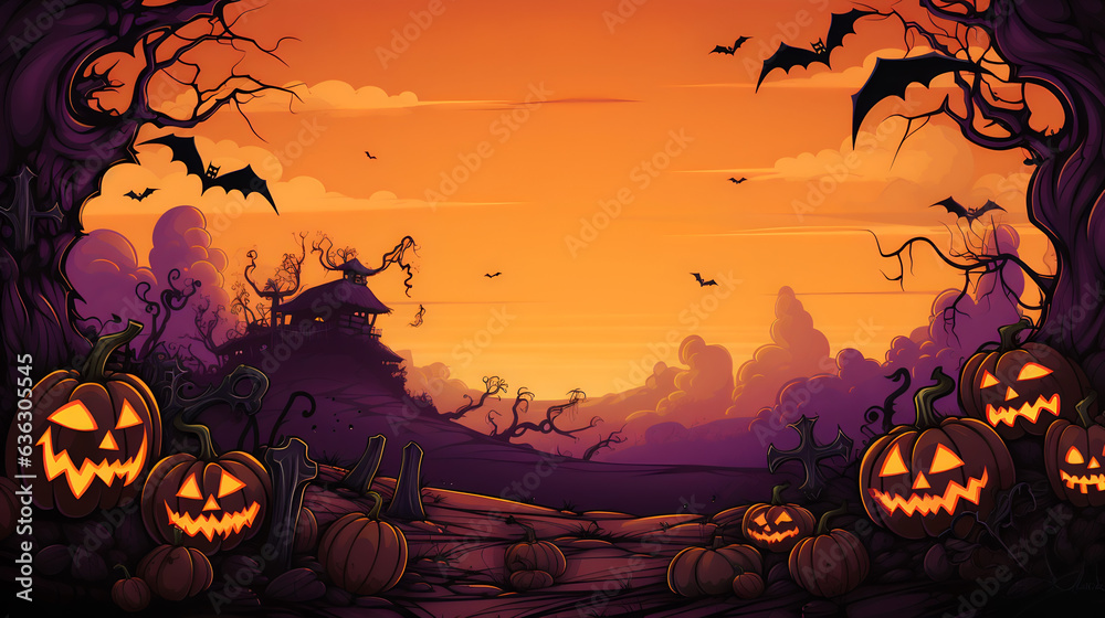 Halloween banner, scene populated with creepy pumpkins, night birds, sinister silhouettes, vector graphics