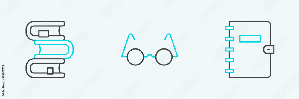 Set line Spiral notebook, Book and Eyeglasses icon. Vector Set line Spiral notebook, Book and Eyeglasses icon. Vector