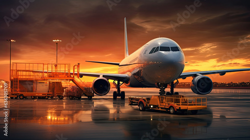 Commercial cargo air freight airplane loaded at airport in the evening, Generative Ai