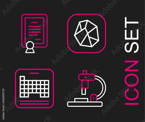 Set line Microscope, Periodic table, Salt stone and Certificate template icon. Vector