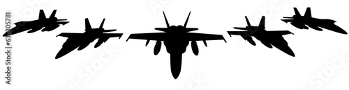 Isolated silhouette of military fighters F-15 . A group of flying aircraft. Air show. War. Bombers. Military aviation. American fourth-generation all-weather fighter aircraft