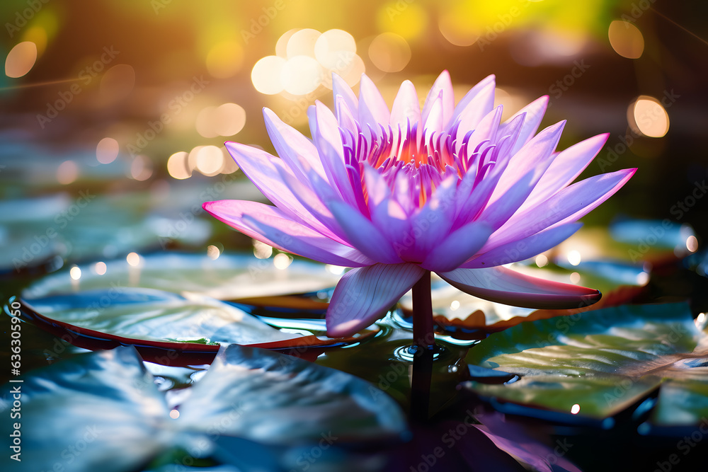 Pink Water Lily Floating on Blue Water in Soft Bright Light