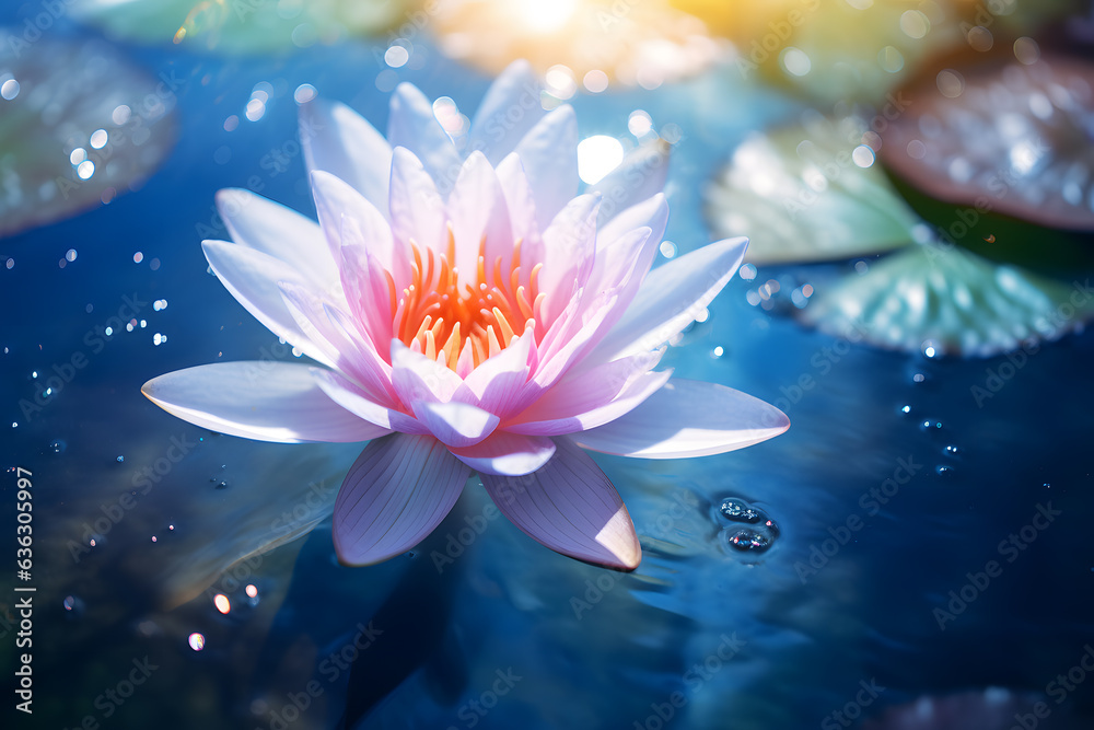 Pink Water Lily Floating on Blue Water in Soft Bright Light