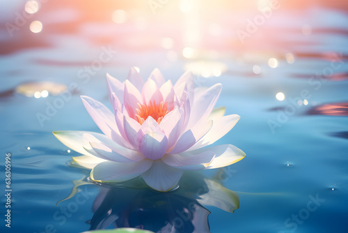 Water Lily Floating on Blue Water in Soft Bright Light