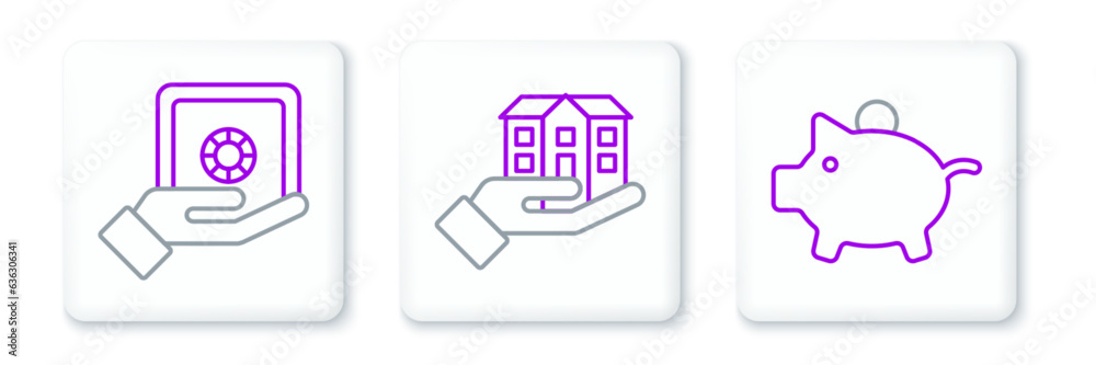 Set line Piggy bank, Safe in hand and House icon. Vector