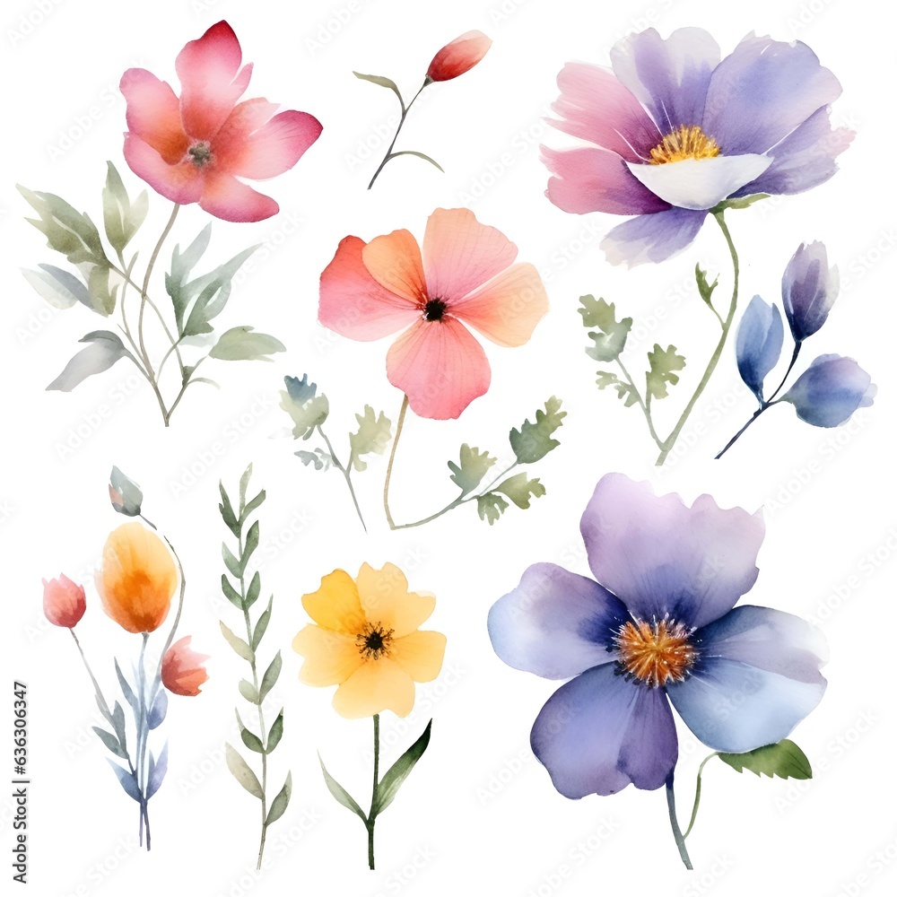 Watercolor garden flower illustration set isolated on white background. Botanic, floral element collection for greeting card, invitations, wedding, birthday designs