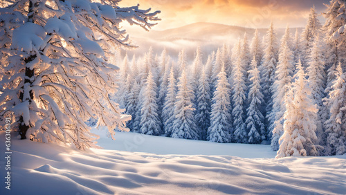 Winter view of falling snow and snow covered trees  festive magical winter background.
