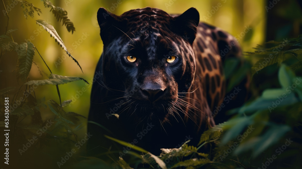 Majestic Black Panther Close-Up Portrait in Natural Habitat Created with Generative AI Majestic Black Panther Close-Up Portrait in Natural Habitat Created with Generative AI