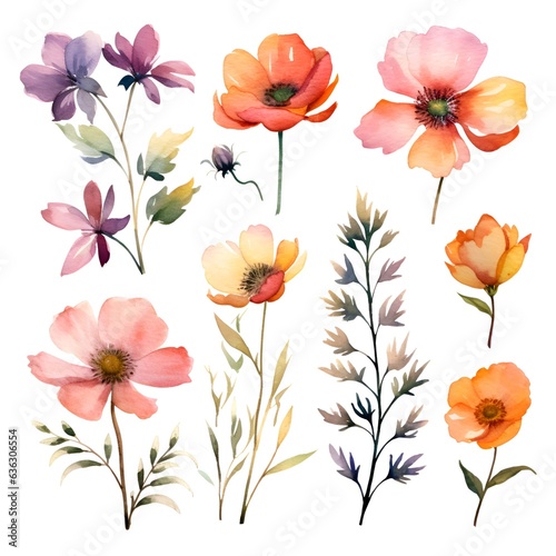 Watercolor garden flower illustration set isolated on white background. Botanic, floral element collection for greeting card, invitations, wedding, birthday designs