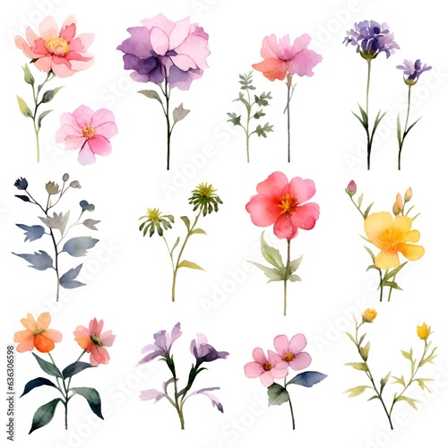 Watercolor garden flower illustration set isolated on white background. Botanic, floral element collection for greeting card, invitations, wedding, birthday designs