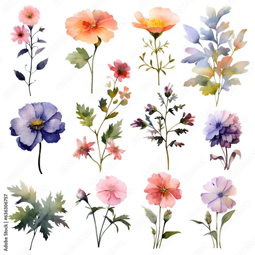 Watercolor garden flower illustration set isolated on white background. Botanic, floral element collection for greeting card, invitations, wedding, birthday designs