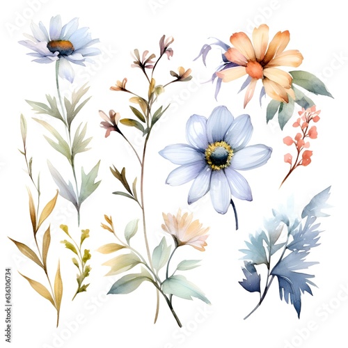 Watercolor garden flower illustration set isolated on white background. Botanic, floral element collection for greeting card, invitations, wedding, birthday designs