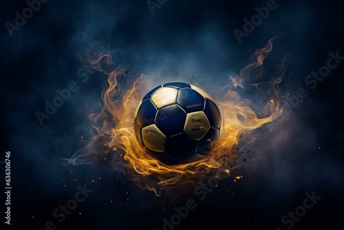 Dark blue-gold soccer ball in goal net with smoky background. Generative AI