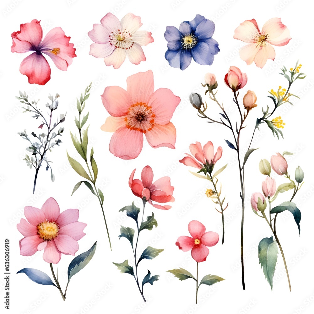 Obraz premium Watercolor garden flower illustration set isolated on white background. Botanic, floral element collection for greeting card, invitations, wedding, birthday designs