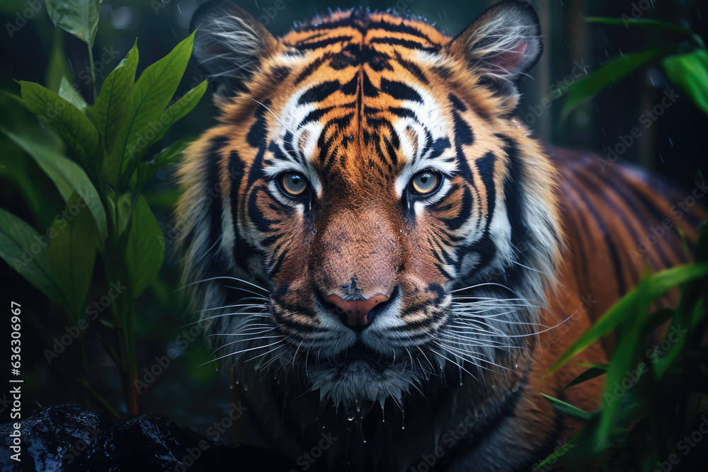 Stunning Tiger Close-Up Portrait in Natural Habitat Created with Generative AI Stunning Tiger Close-Up Portrait in Natural Habitat Created with Generative AI