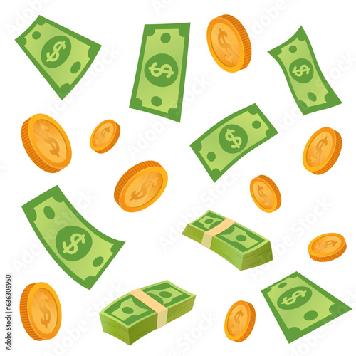 Flying dollars set - Collection - Banknotes and coins - Green dollars - Falling coins - Bank cash - Money Illustrations - Vector set - Cash - Money investment - Profit - Business