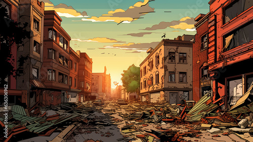 Fotografia City destroyed by fire, cartoon style