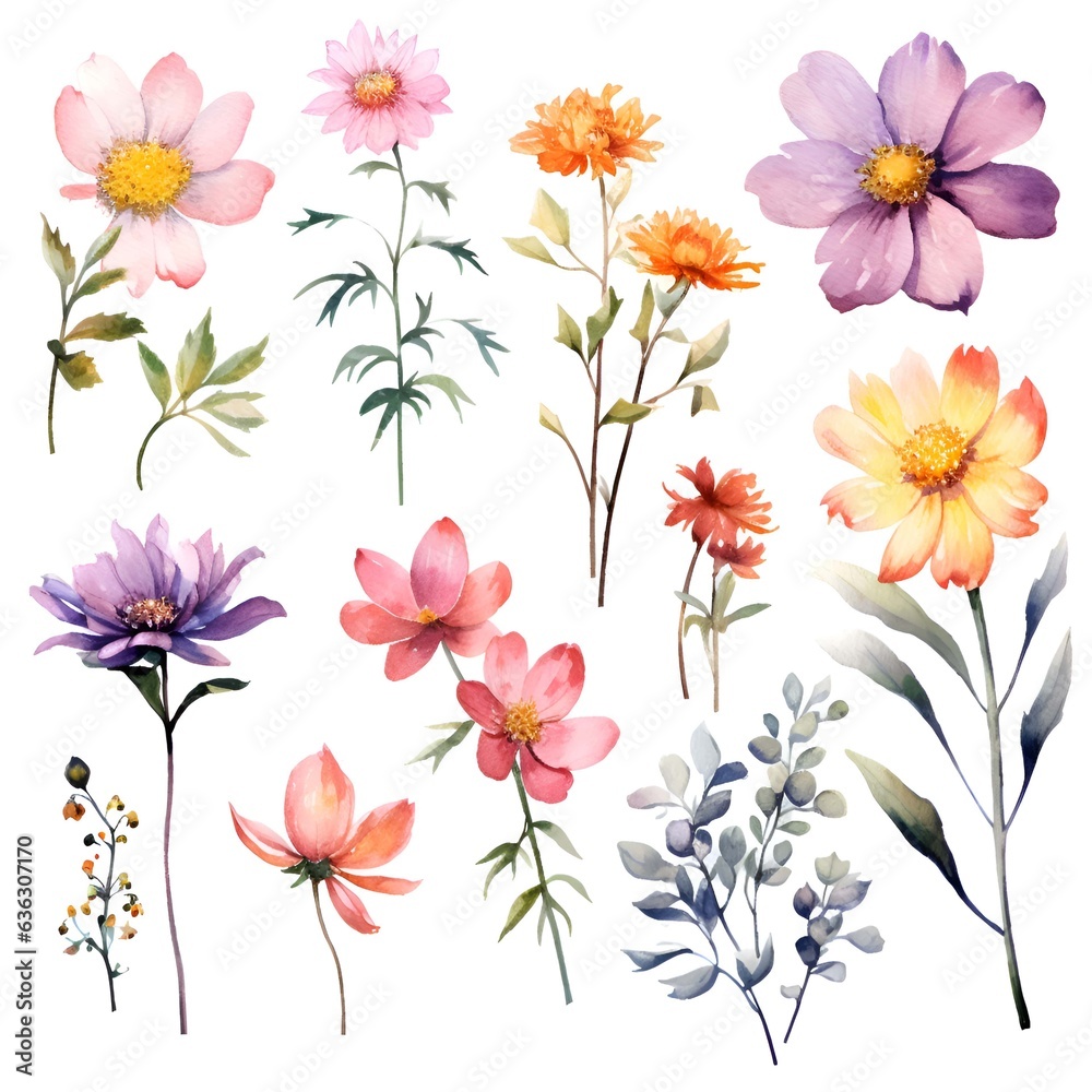 Obraz premium Watercolor garden flower illustration set isolated on white background. Botanic, floral element collection for greeting card, invitations, wedding, birthday designs
