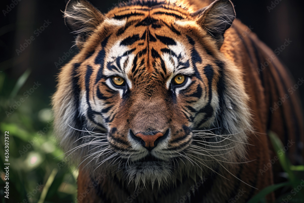 Naklejka premium Stunning Tiger Close-Up Portrait in Natural Habitat Created with Generative AI