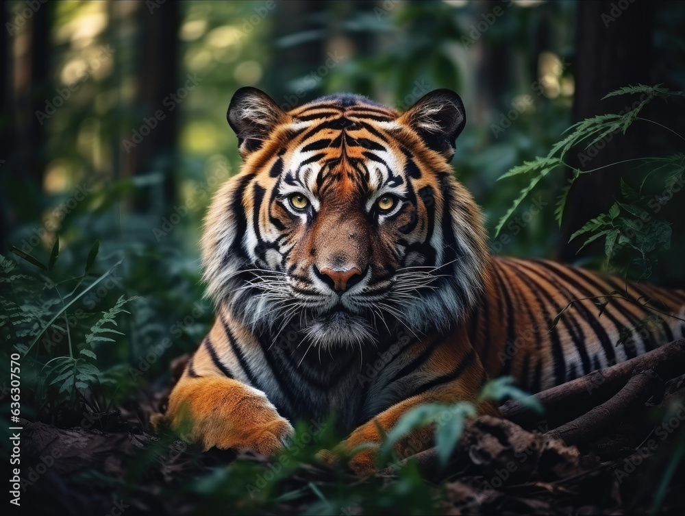 Stunning Tiger Close-Up Portrait in Natural Habitat Created with Generative AI Stunning Tiger Close-Up Portrait in Natural Habitat Created with Generative AI