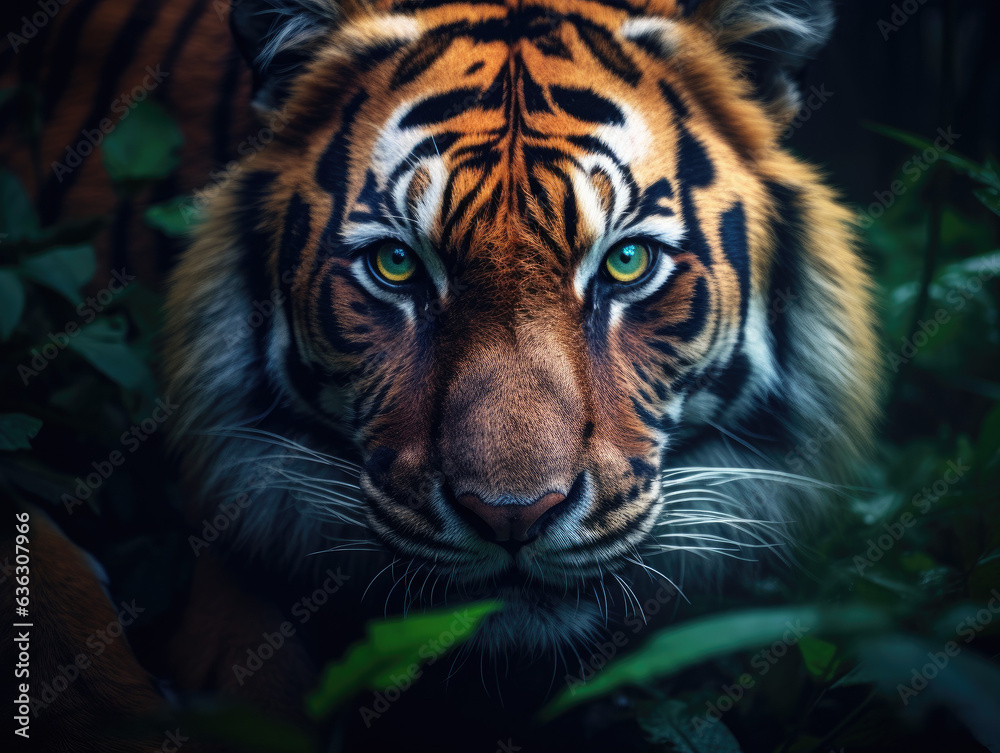 Stunning Tiger Close-Up Portrait in Natural Habitat Created with Generative AI Stunning Tiger Close-Up Portrait in Natural Habitat Created with Generative AI