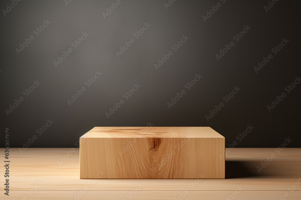 Wooden podium for product display on wooden table Wooden podium for product display on wooden table