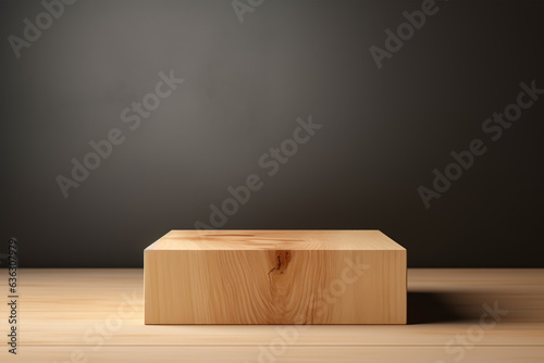 Wooden podium for product display on wooden table