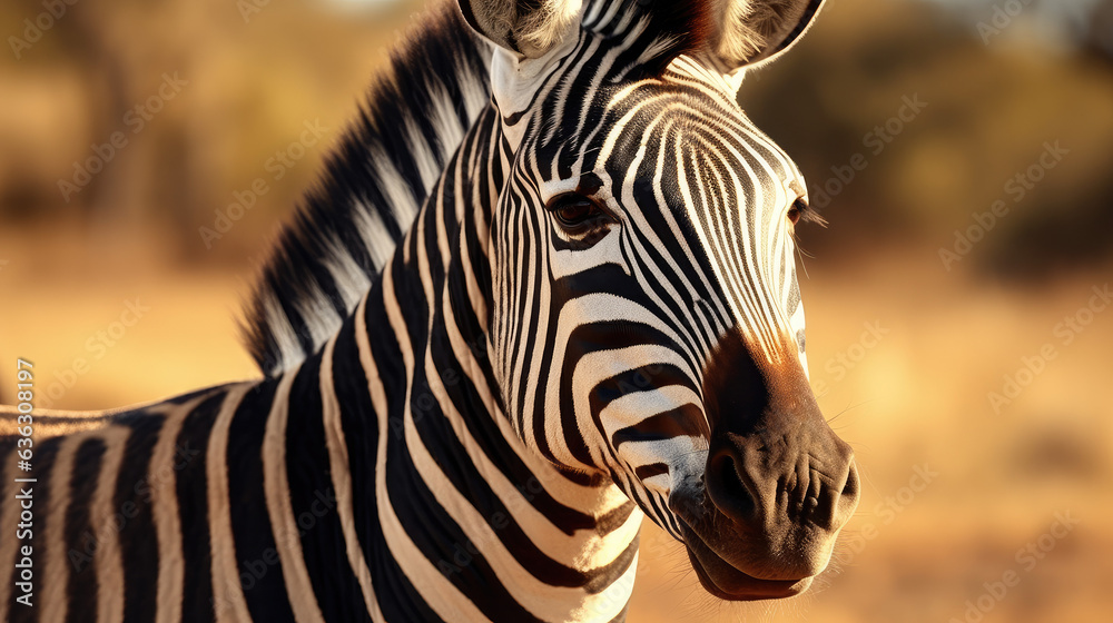 Naklejka premium Up-Close Striking Zebra Portrait in Natural Habitat Created with Generative AI
