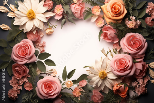 Beautiful floral frame on white background  flat lay. Space for text