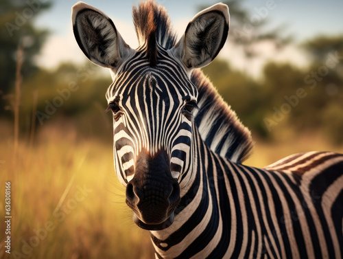 Up-Close Striking Zebra Portrait in Natural Habitat Created with Generative AI