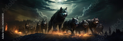 Enchanting Illustration of a Wolf Pack under the Moonlit Sky Created with Generative AI