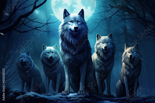 Enchanting Illustration of a Wolf Pack under the Moonlit Sky Created with Generative AI