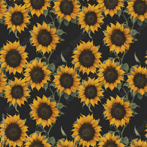 Sunflowers and leaves seamless pattern on dark background. Seamless pattern with watercolor of sunflowers. Seamless floral pattern  Floral template Illustration. Wallpaper pattern.