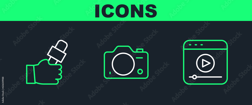 Set line Live stream, Journalist news and Photo camera icon. Vector Set line Live stream, Journalist news and Photo camera icon. Vector