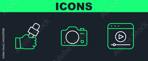 Set line Live stream, Journalist news and Photo camera icon. Vector