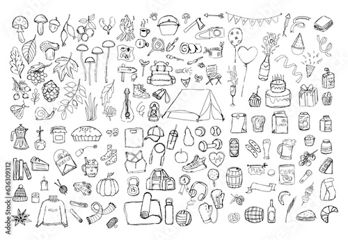 hand drawn sketch set. beer, camping, school lunch, birthday, autumn.