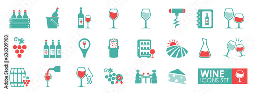 Set of wine icons, such as grape, cheese, barrel, bottle, and glass. Vector Solid icon style.