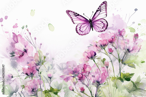 butterfly and flowers. Watercolor flowers with butterfly, watercolor painting on white background. 