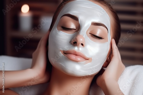 A beautiful asian woman enjoying facial treatment with full white mask in the beauty spa