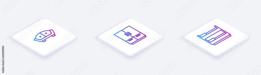 Set Isometric line Sofa, Wardrobe and Bunk bed. White square button. Vector Set Isometric line Sofa, Wardrobe and Bunk bed. White square button. Vector